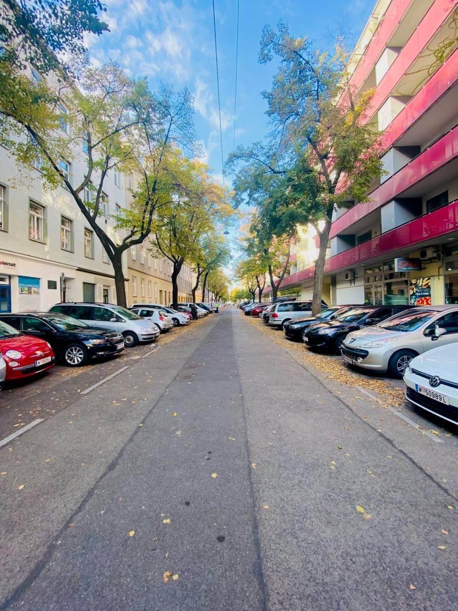 Baumgesäumte Straße mit parkenden Autos und Gebäuden in einer städtischen Umgebung.