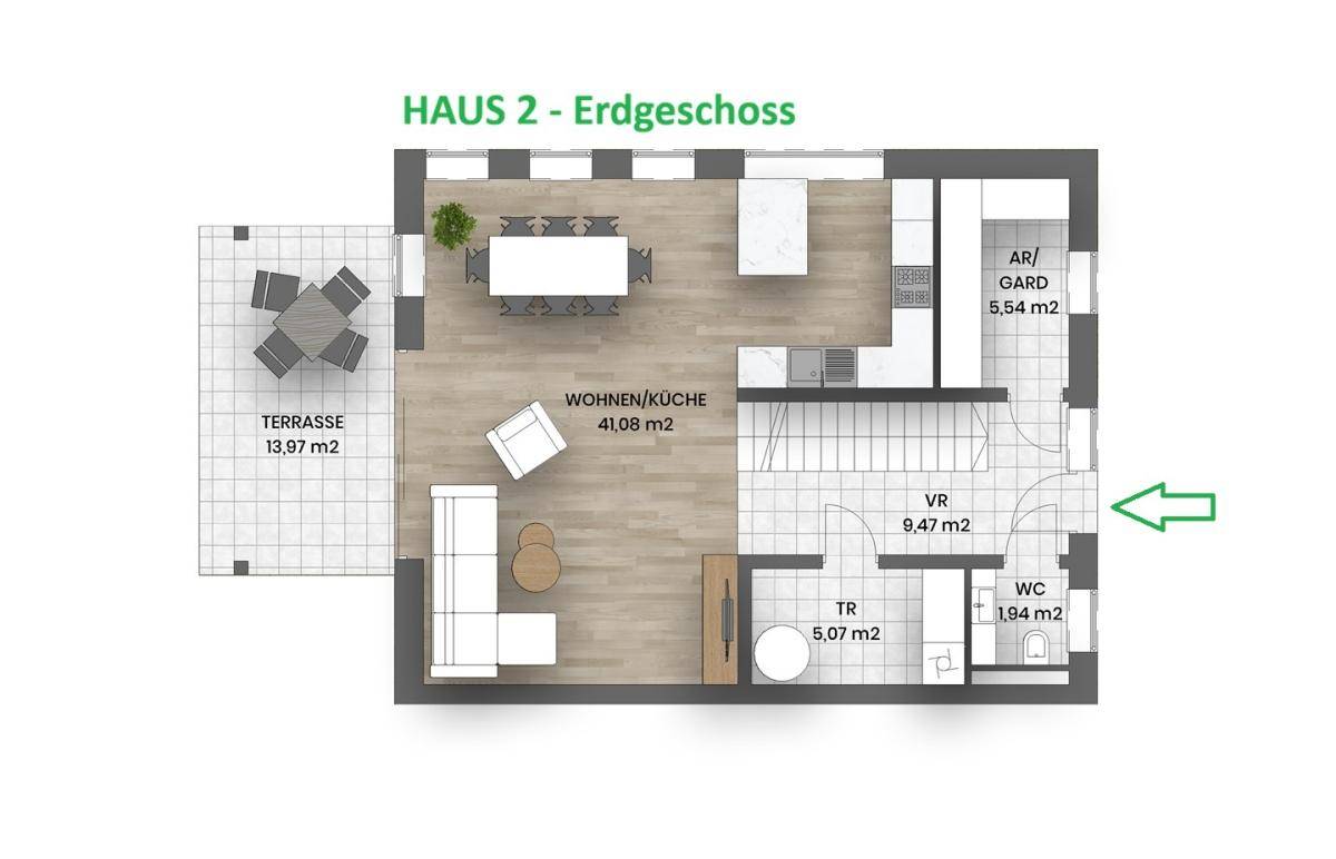 Grundriss des Erdgeschosses von Haus 2 mit offener Wohnküche, Gäste-WC und Terrasse.