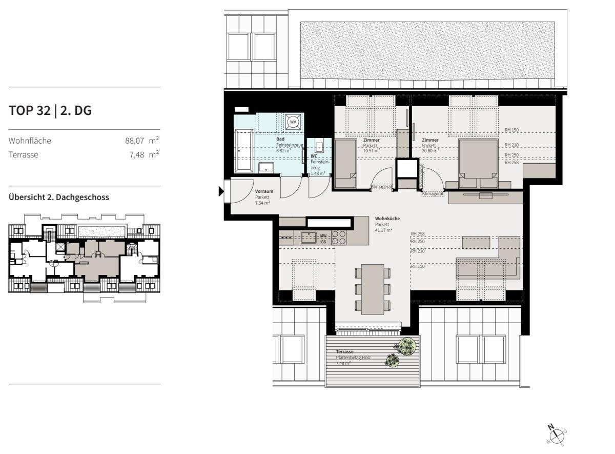 Grundriss der Dachgeschosswohnung TOP 32 mit Wohnfläche und Terrasse.