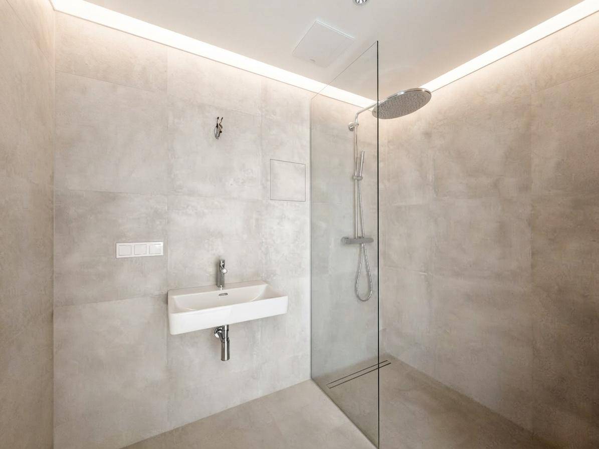 Modernes Badezimmer mit begehbarer Dusche, Wandwaschbecken und minimalistischem Design.