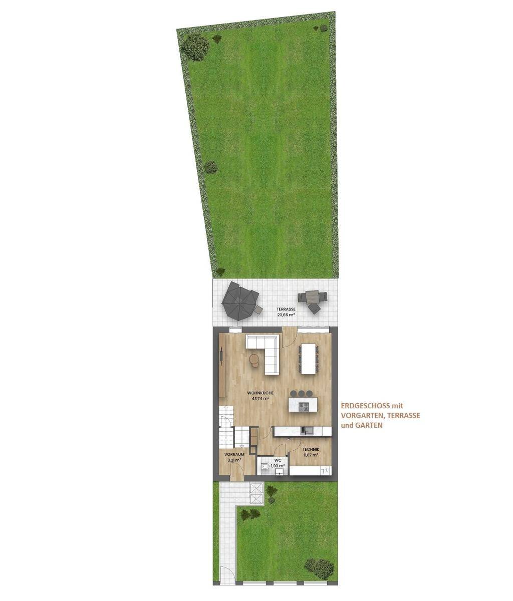 Grundriss des Erdgeschosses mit offener Wohnküche, Terrasse und Garten.