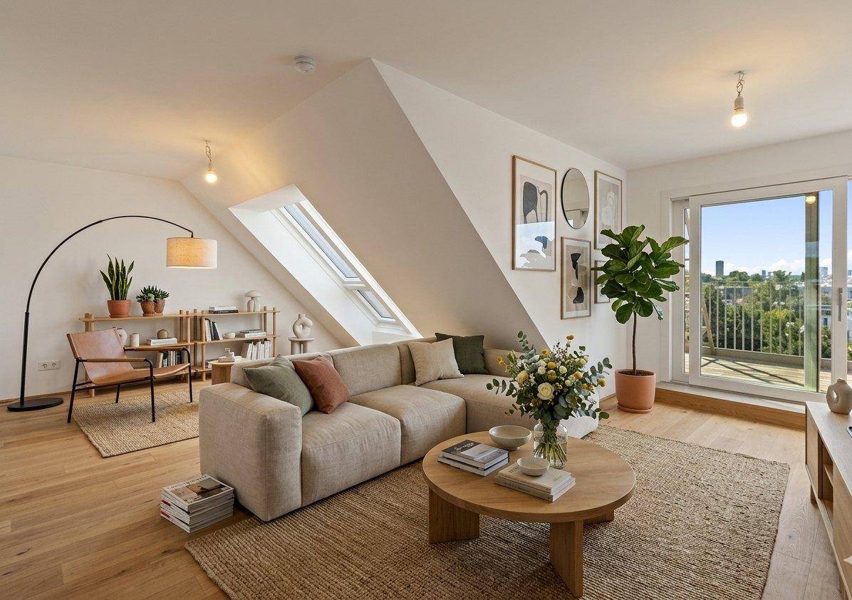 Helles Wohnzimmer im Dachgeschoss mit Dachschrägen, Dachfenstern und Zugang zum Balkon.