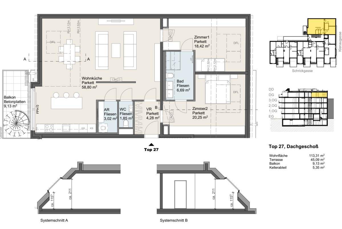 Grundriss des Dachgeschosses mit Wohnküche, zwei Zimmern und Balkon.