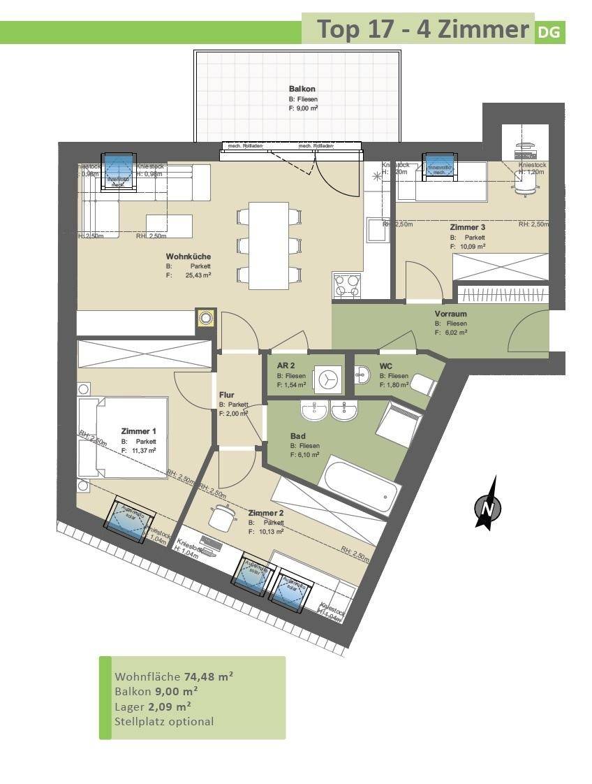 Grundriss der Wohnung Top 17 mit vier Zimmern, Balkon und separatem WC im Dachgeschoss.
