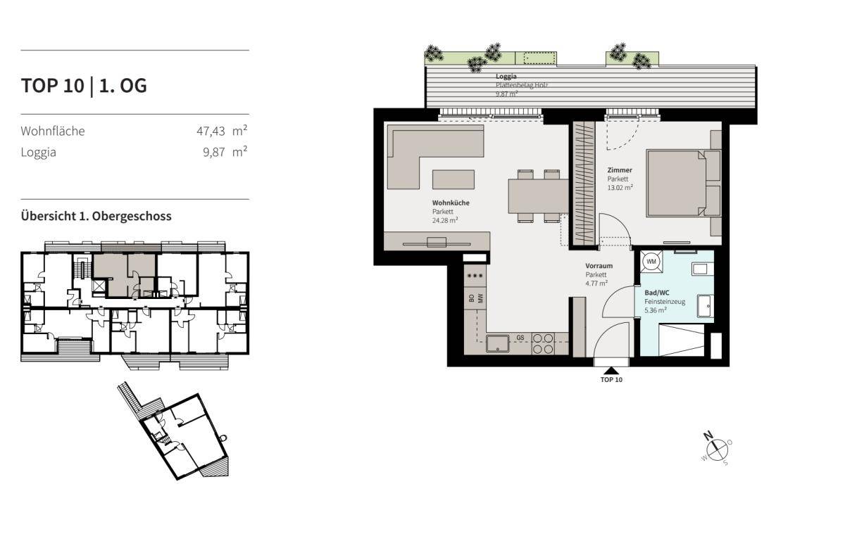 Grundriss der Wohnung TOP 10 im ersten Obergeschoss mit Loggia und offener Wohnküche.