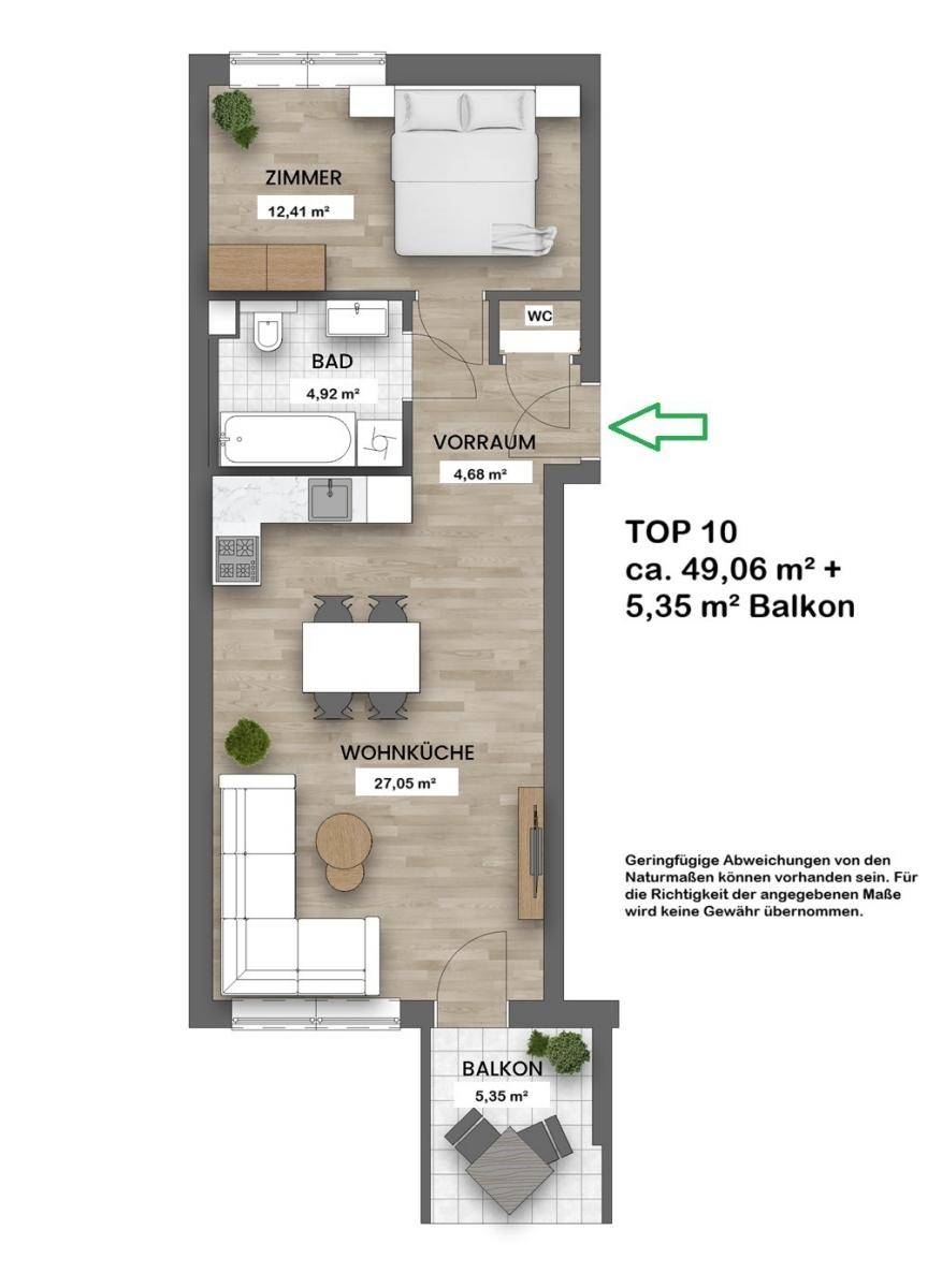 Grundriss der Wohnung Top 10 mit 49,06 m² Wohnfläche und 5,35 m² Balkon.