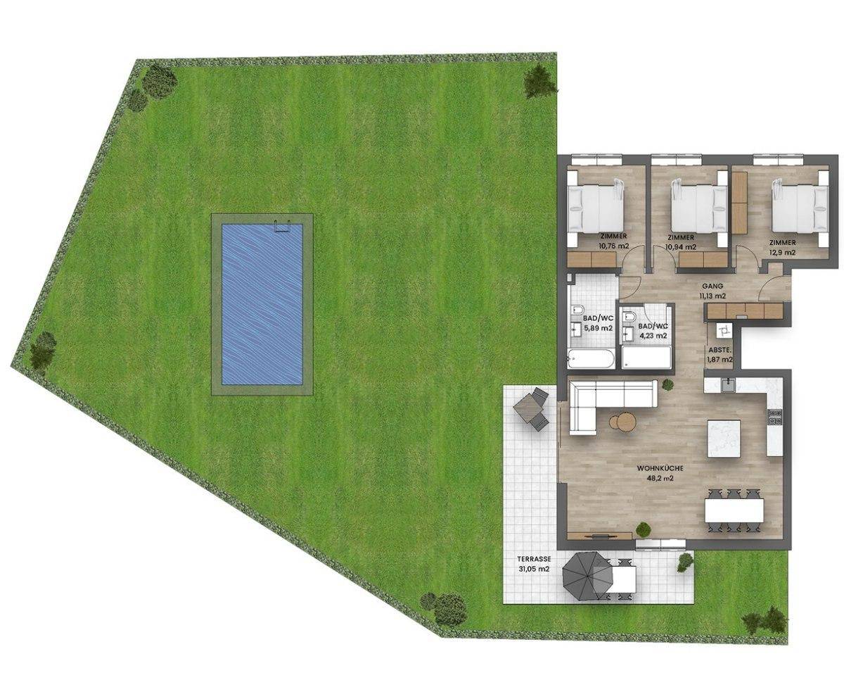 Grundriss einer Wohnung mit drei Zimmern, Terrasse und privatem Garten mit Pool.