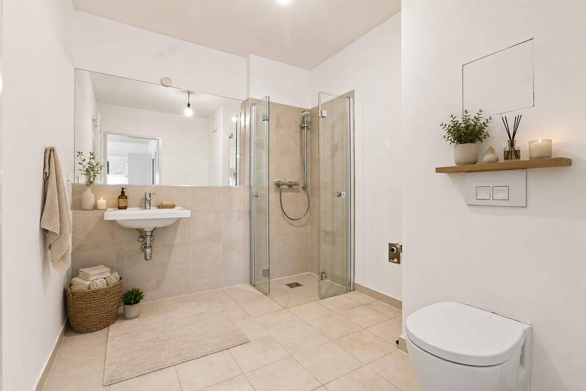 Modernes Badezimmer mit begehbarer Dusche, Wand-WC und großem Spiegel.