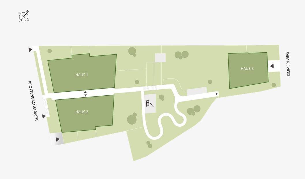 Lageplan mit drei Gebäuden, Zufahrtswegen und einem Spielplatz für die Bewohner.