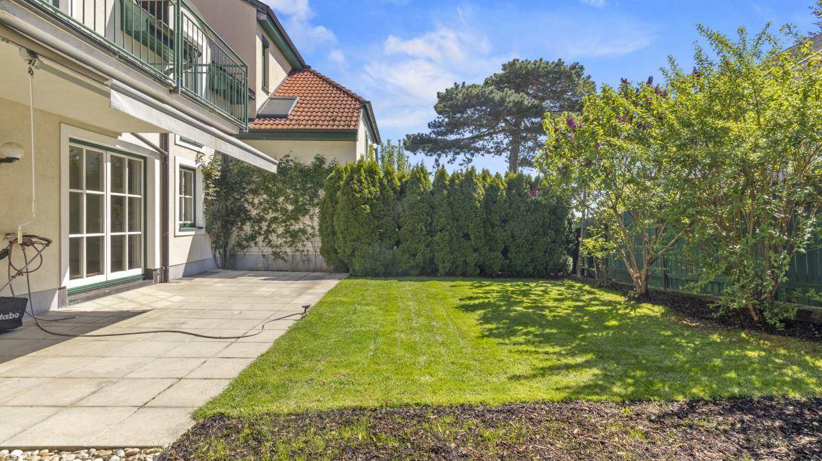 Sonniger Gartenbereich mit gepflasterter Terrasse, Rasenfläche und grüner Hecke.