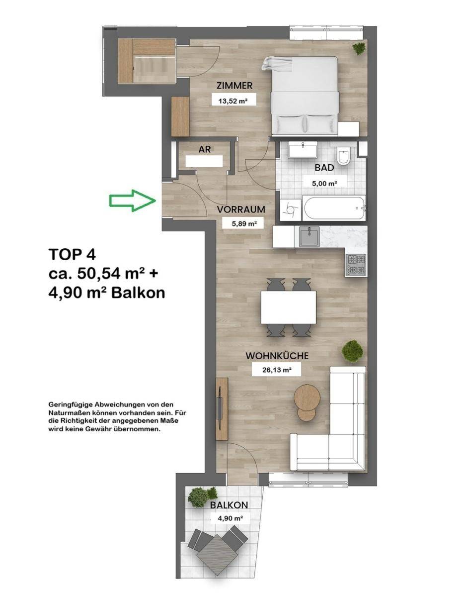 Grundriss der Wohnung TOP 4 mit 50,54 m² Wohnfläche und einem 4,90 m² großen Balkon.