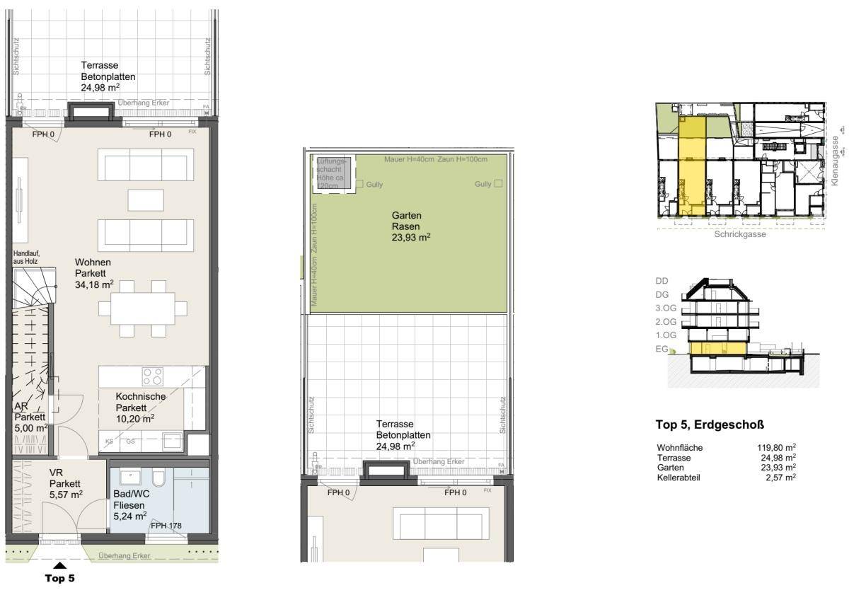 Grundriss des Erdgeschosses mit offenem Wohnbereich, Terrasse und Garten.