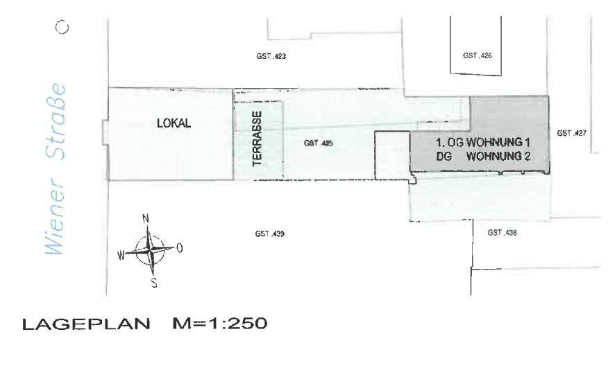 Lageplan des Gebäudes mit Wiener Straße, Terrasse und zwei separaten Wohnungen.