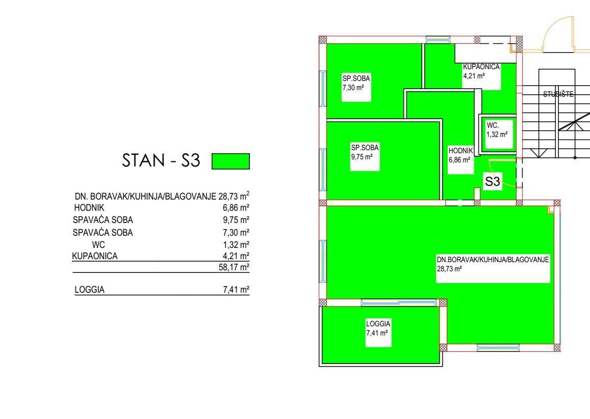 Grundriss der Wohnung S3 mit Wohn-/Essbereich, zwei Schlafzimmern, Bad, WC und Loggia.