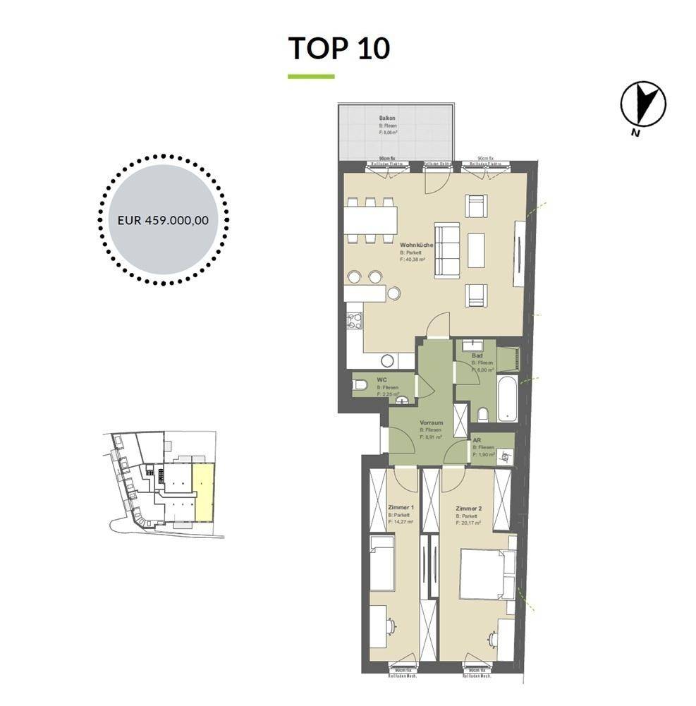 Grundrissplan einer Wohnung mit Wohnküche, zwei Zimmern, Bad und Balkon.