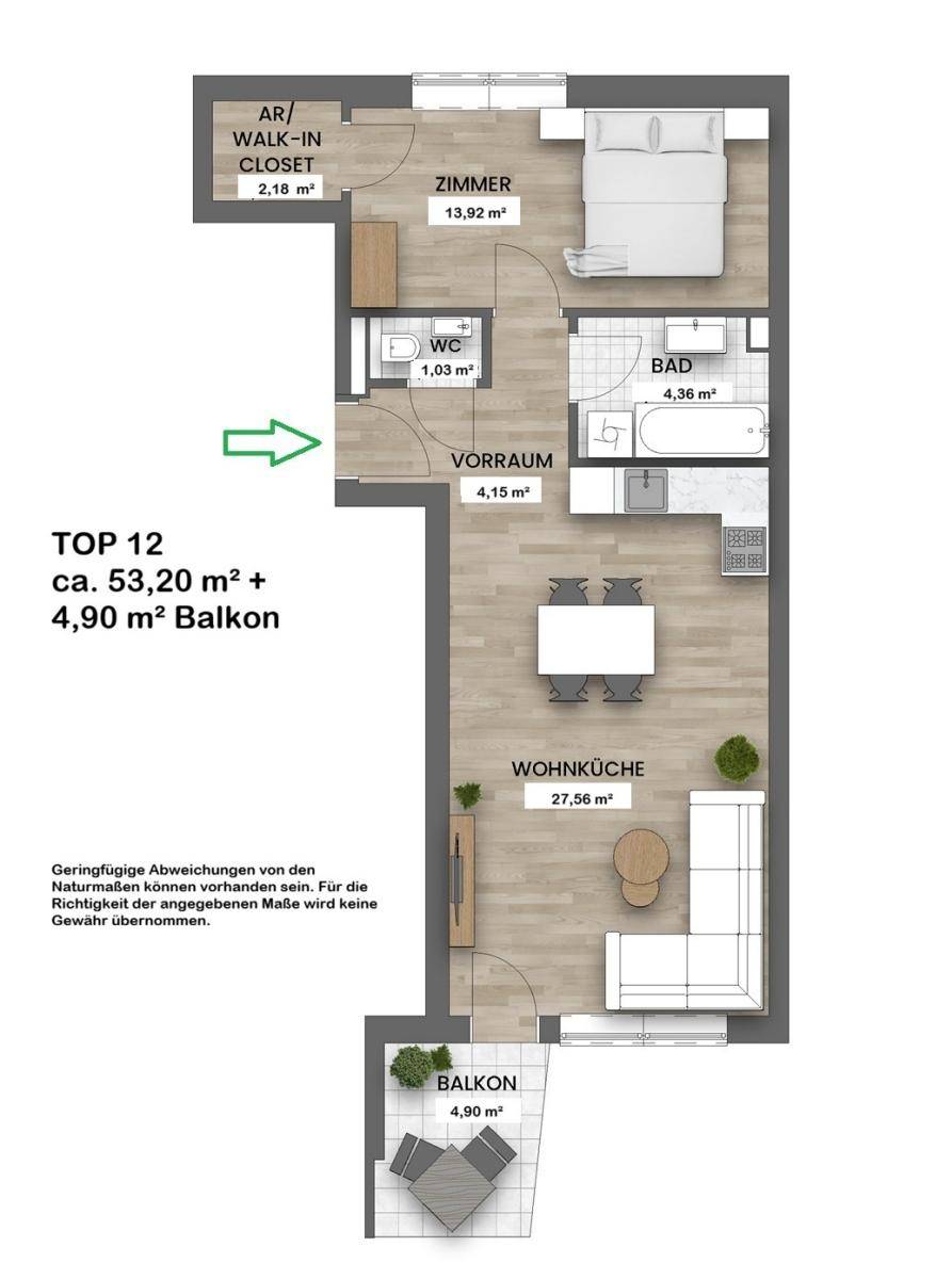 Grundriss der Wohnung TOP 12 mit Wohnküche, Schlafzimmer, Bad und Balkon.