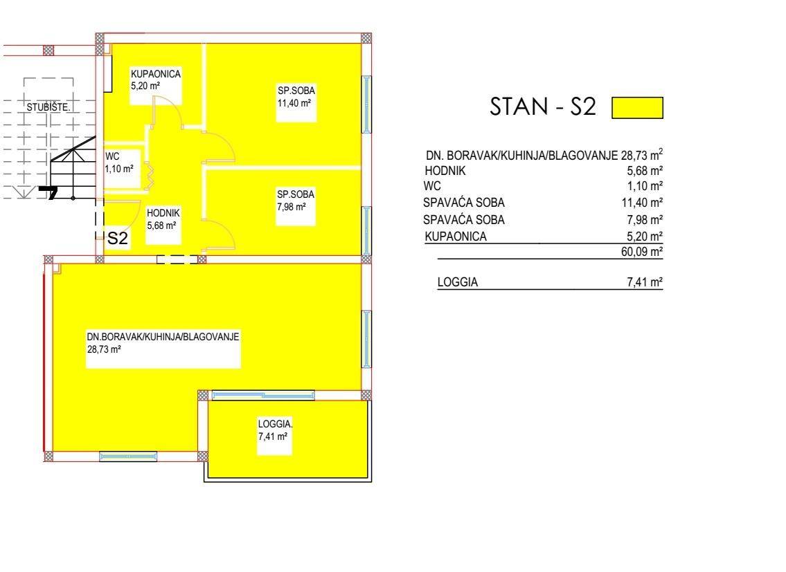 Grundriss einer Wohnung mit zwei Schlafzimmern, Bad, WC, Loggia und offenem Wohnbereich.