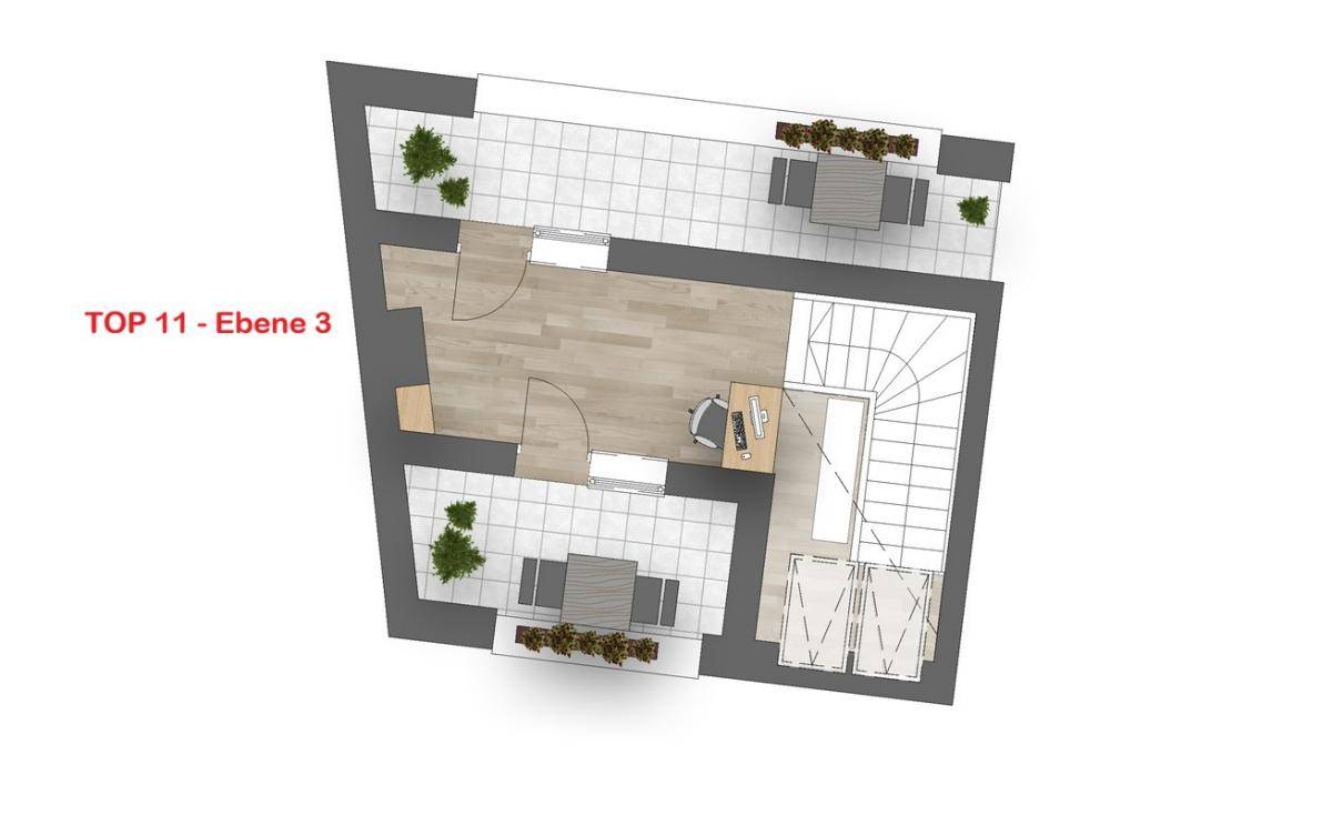 Grundriss der dritten Ebene mit großer Dachterrasse und Außenbereichen für Entspannung.
