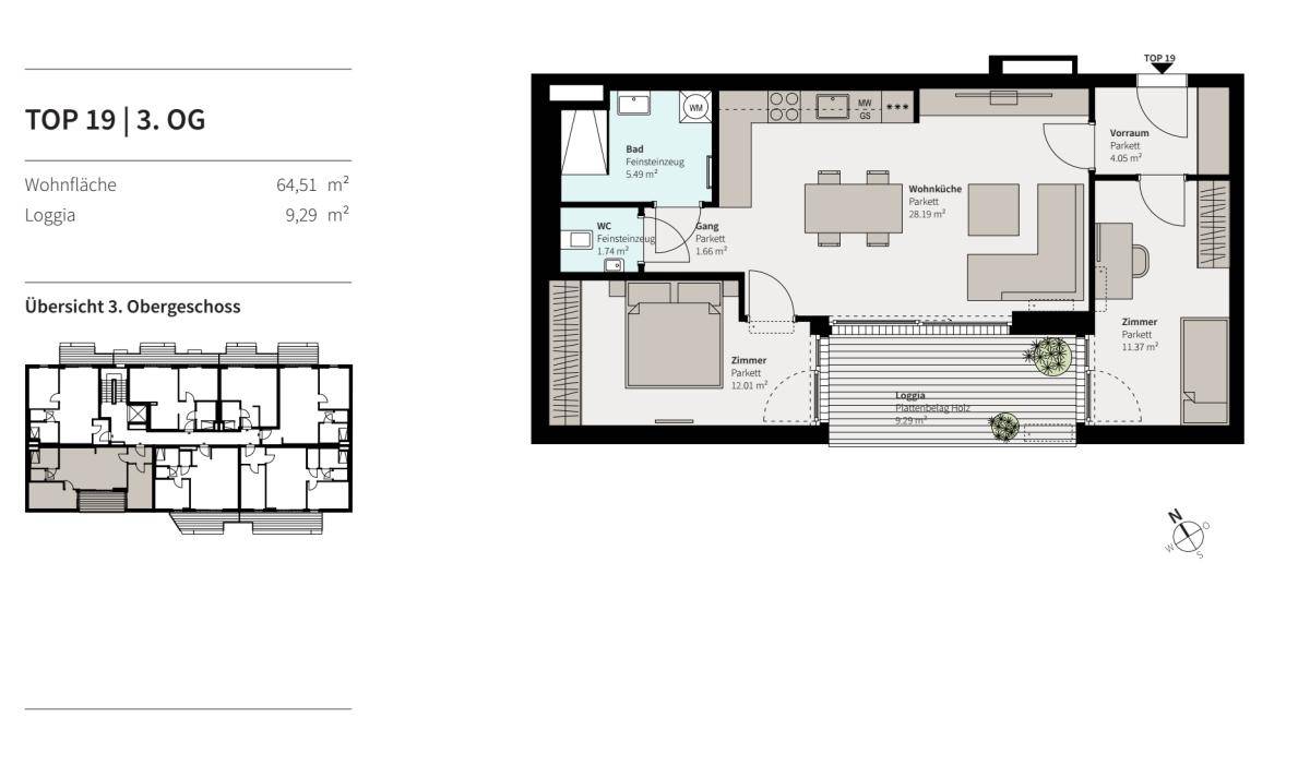 Grundriss der Wohnung TOP 19 im 3. Obergeschoss mit Loggia und zwei Zimmern.