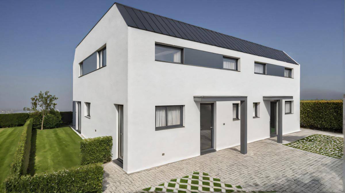 Vorderansicht eines modernen weißen Hauses mit grauen Akzenten und gepflasterter Einfahrt.