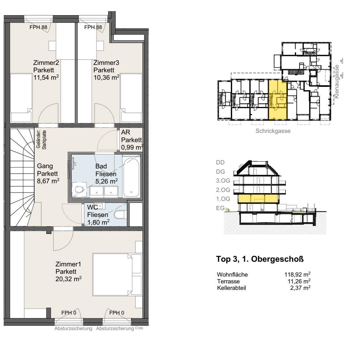 Grundriss des ersten Obergeschosses mit drei Schlafzimmern und zwei Bädern.