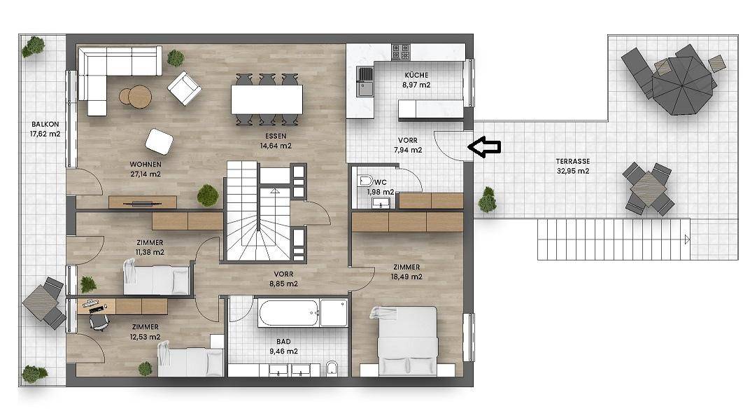 Detaillierter Grundriss mit offenem Wohn-Essbereich, zwei Schlafzimmern, Bad, WC, Balkon und Terrasse.
