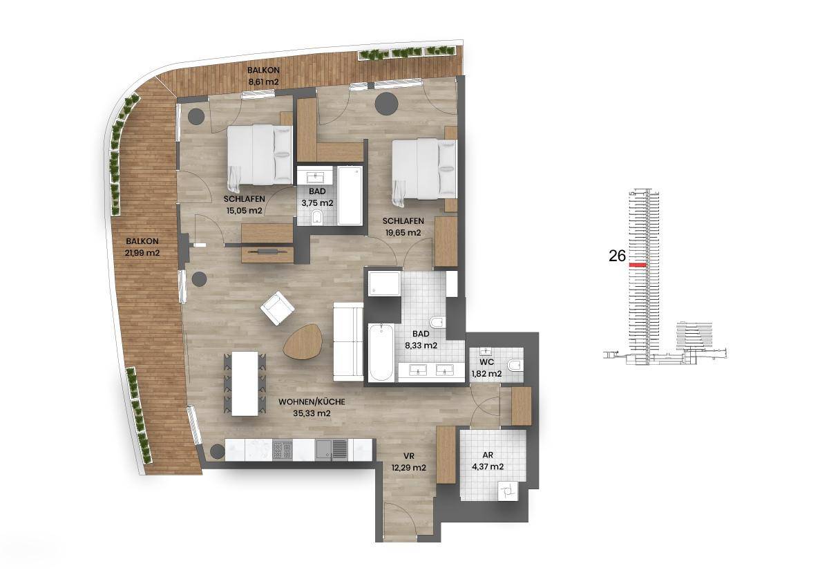 Grundriss einer modernen Wohnung mit zwei Balkonen und offenem Wohn-Küchenbereich.