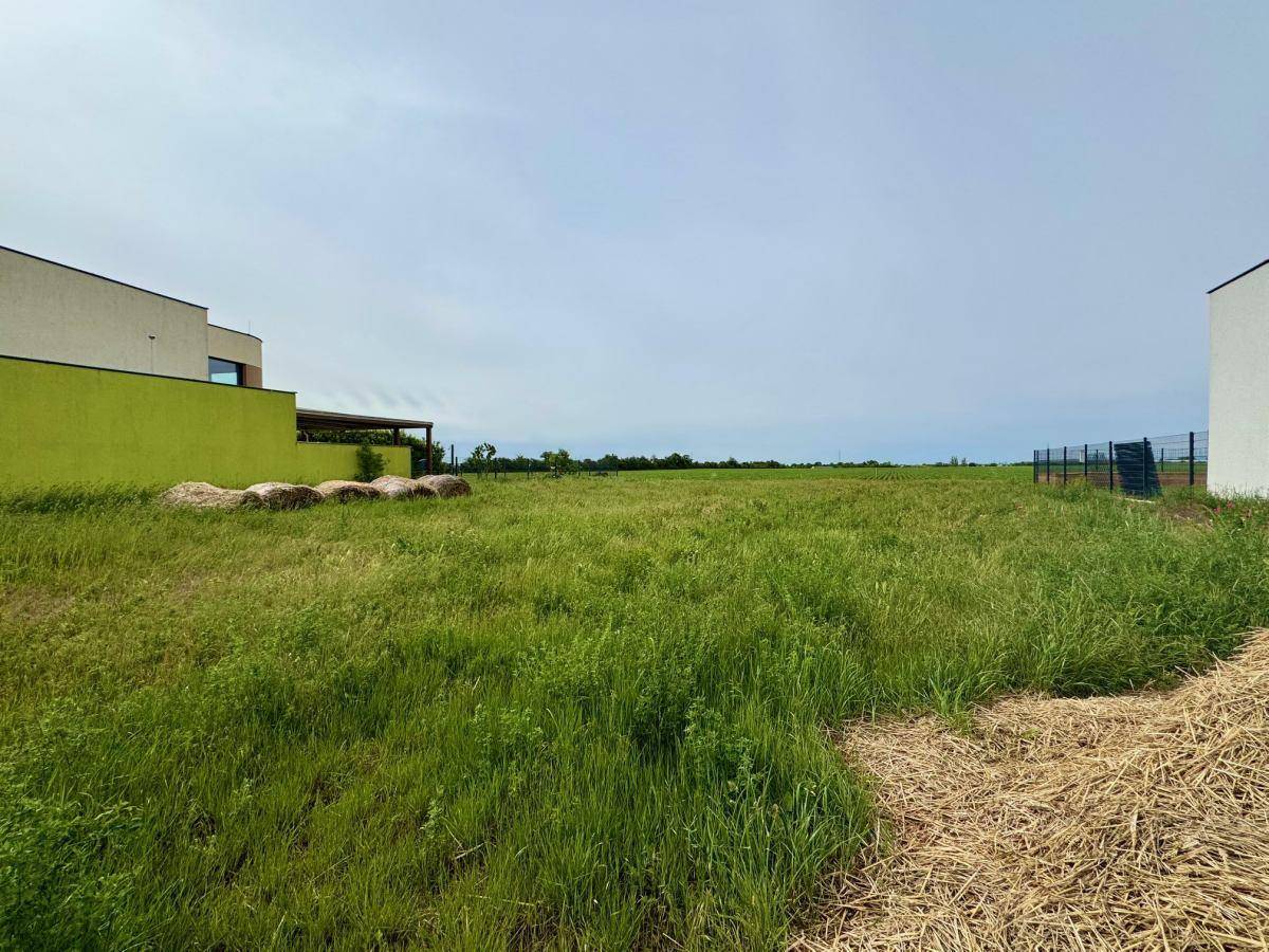 Weitläufiges, grünes Grundstück mit Heuballen und modernen Neubauten im Hintergrund unter blauem Himmel.