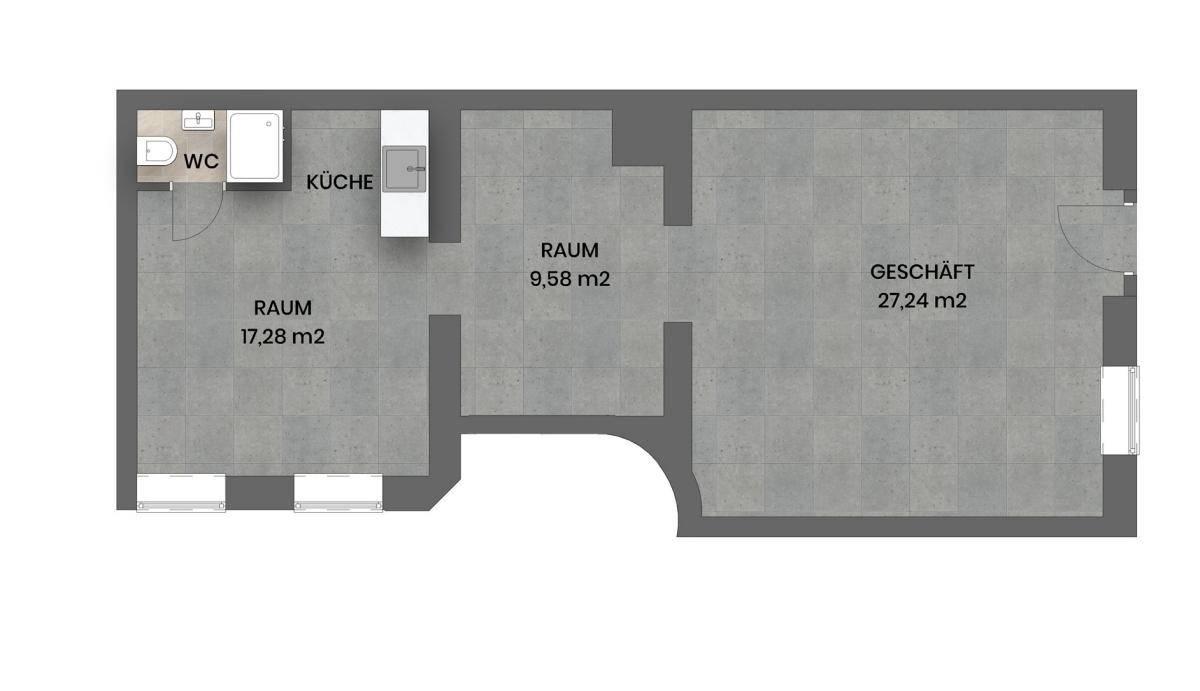 Grundrissplan zeigt die Aufteilung in Geschäftsräume, eine kleine Küche und ein WC mit den jeweiligen Flächenangaben.