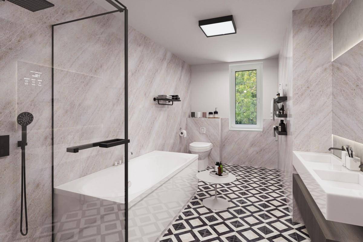 Modernes Badezimmer mit Badewanne, begehbarer Dusche und Fenster.