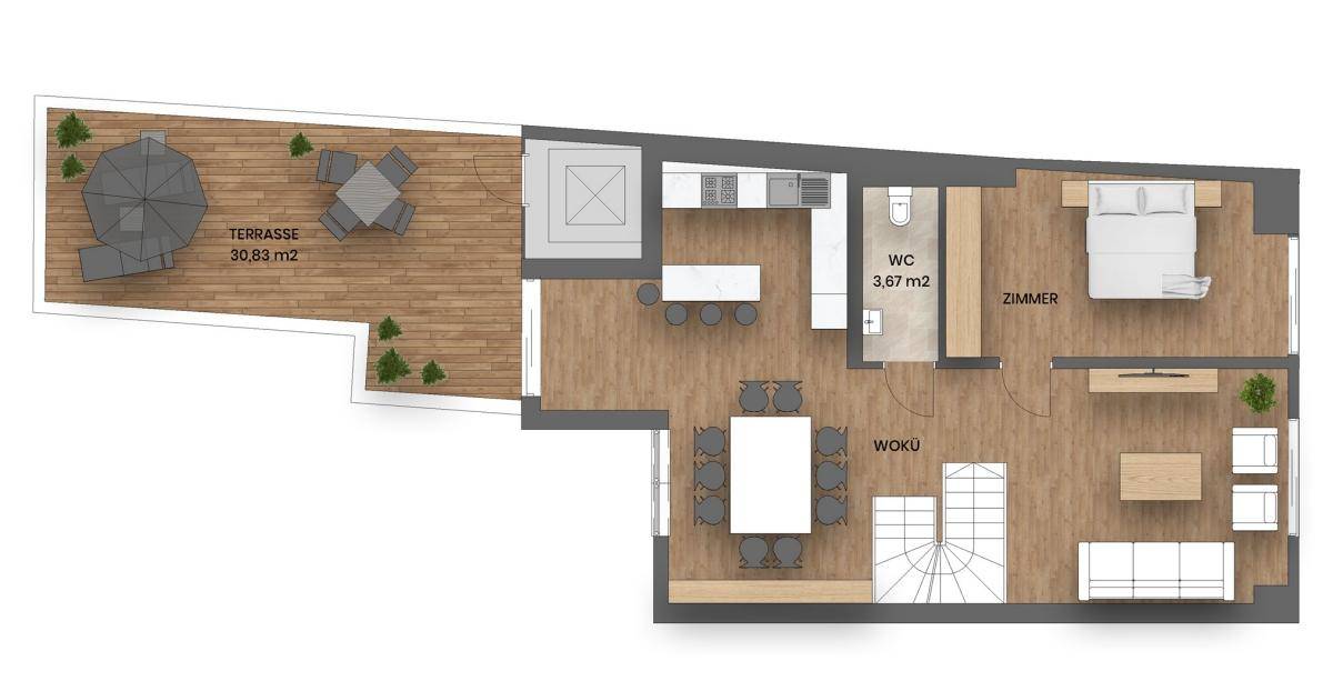 Grundriss des Hauptgeschosses mit offener Küche, Wohnbereich und großer Terrasse.