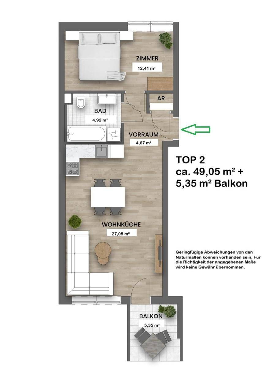 Detaillierter Grundriss einer Wohnung mit Schlafzimmer, Wohnküche und Balkon.