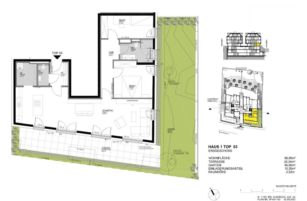 Grundriss des Erdgeschosses mit Garten, Terrasse und drei Schlafzimmern.
