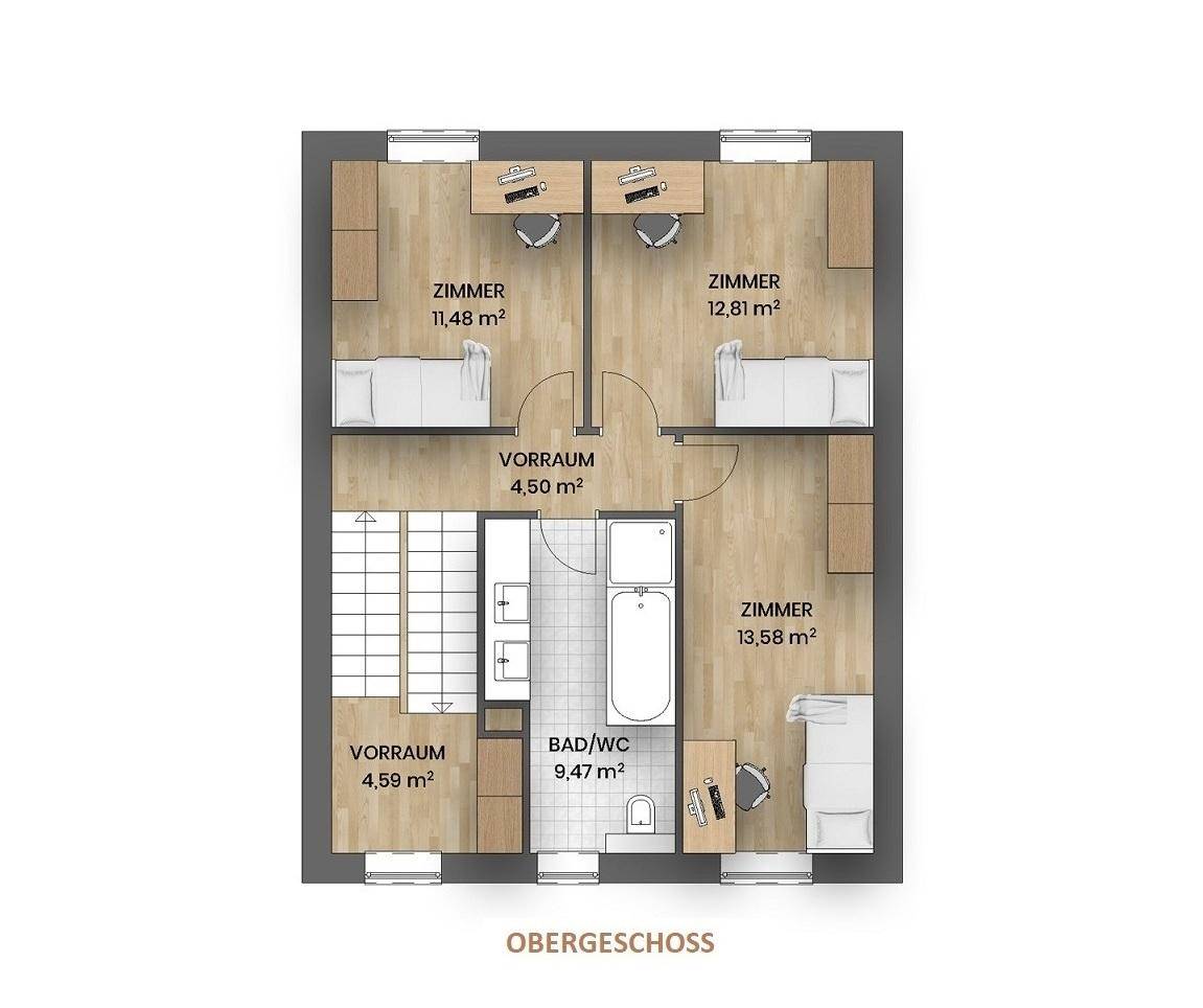 Grundriss des Obergeschosses mit drei Zimmern und einem Badezimmer.