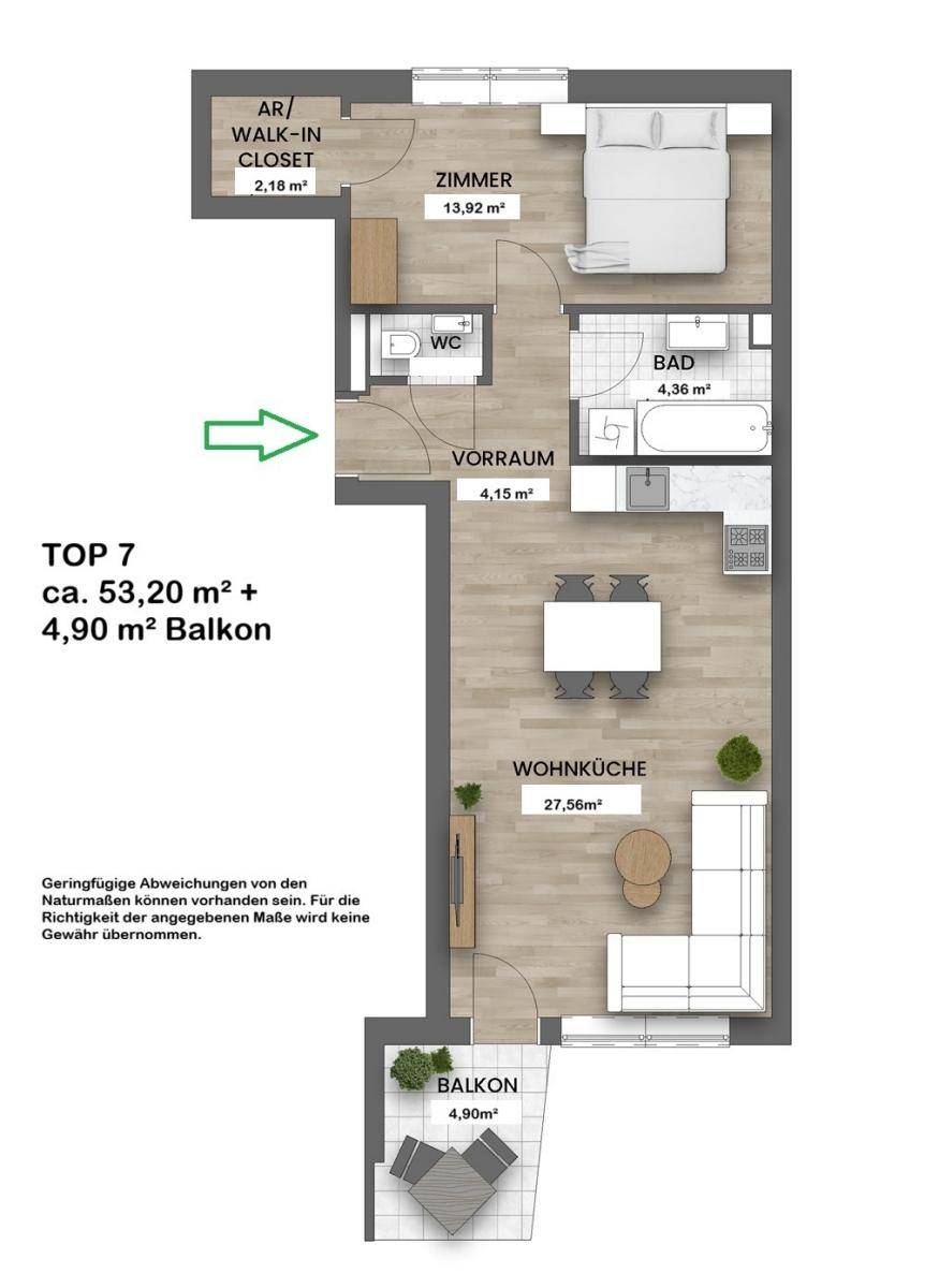 Grundriss der Wohnung TOP 7 mit Wohnküche, Schlafzimmer, Bad und Balkon.