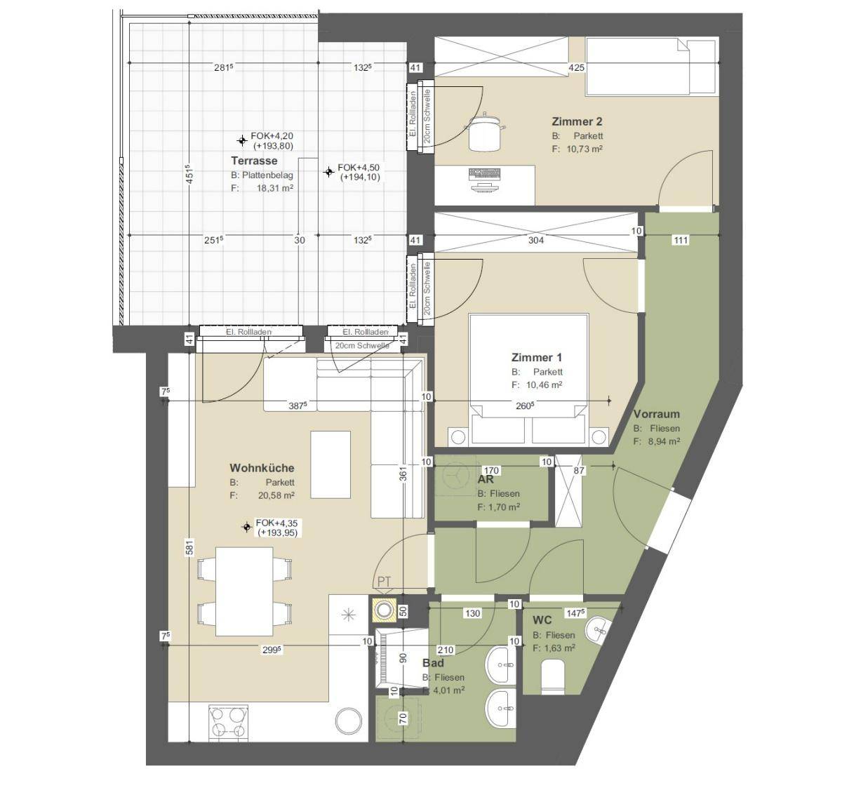 Grundriss einer Wohnung mit Wohnküche, zwei Zimmern und großer Terrasse.