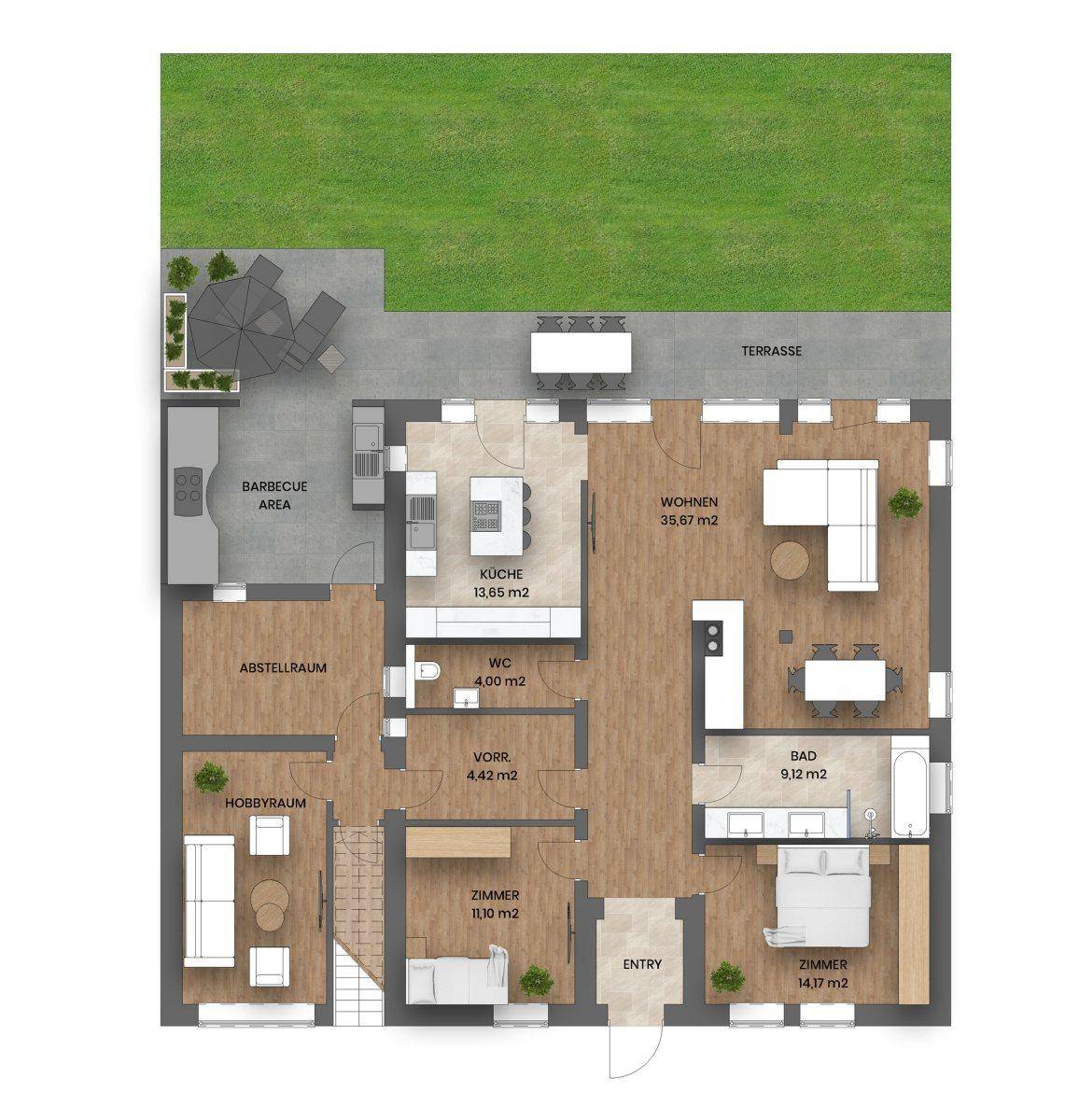 Detaillierter Grundriss des Erdgeschosses mit offener Küche, Wohnbereich und Terrasse.