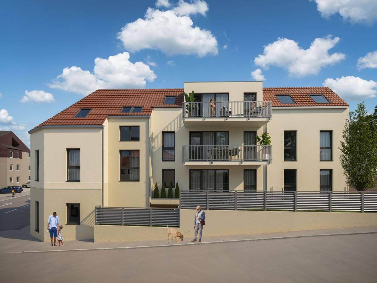 Visualisierung der modernen Fassade eines Wohngebäudes mit Balkonen und Fußgängern.