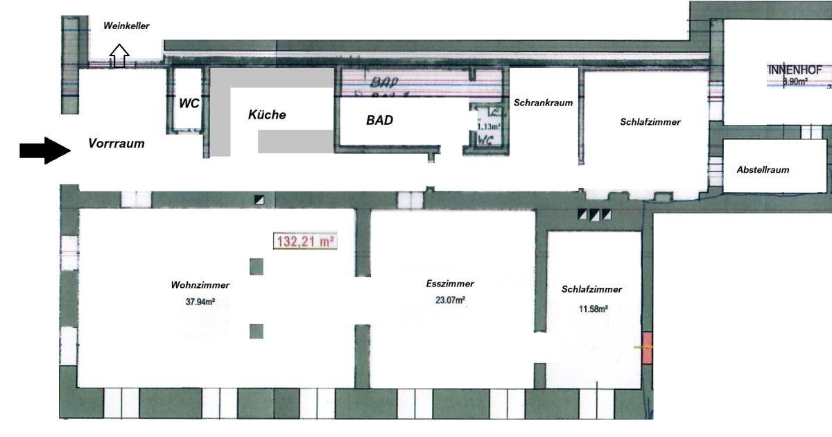 Grundriss von Top 1 mit Wohnzimmer, Esszimmer, Schlafzimmern und Bad.
