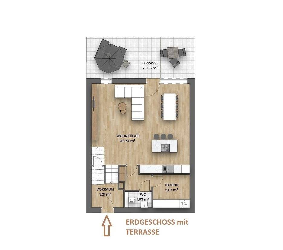 Grundriss des Erdgeschosses mit offener Wohnküche und großer Terrasse.