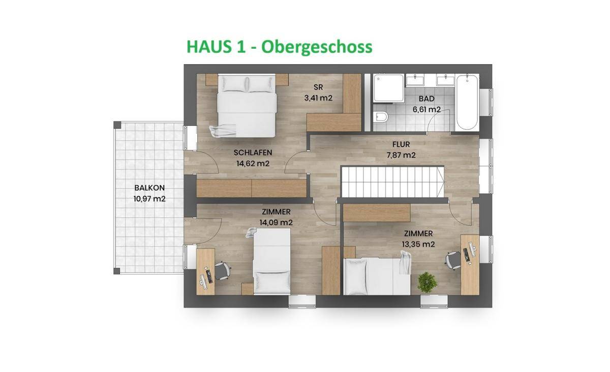 Grundriss des Obergeschosses von Haus 1 mit drei Schlafzimmern, Bad und Balkon.