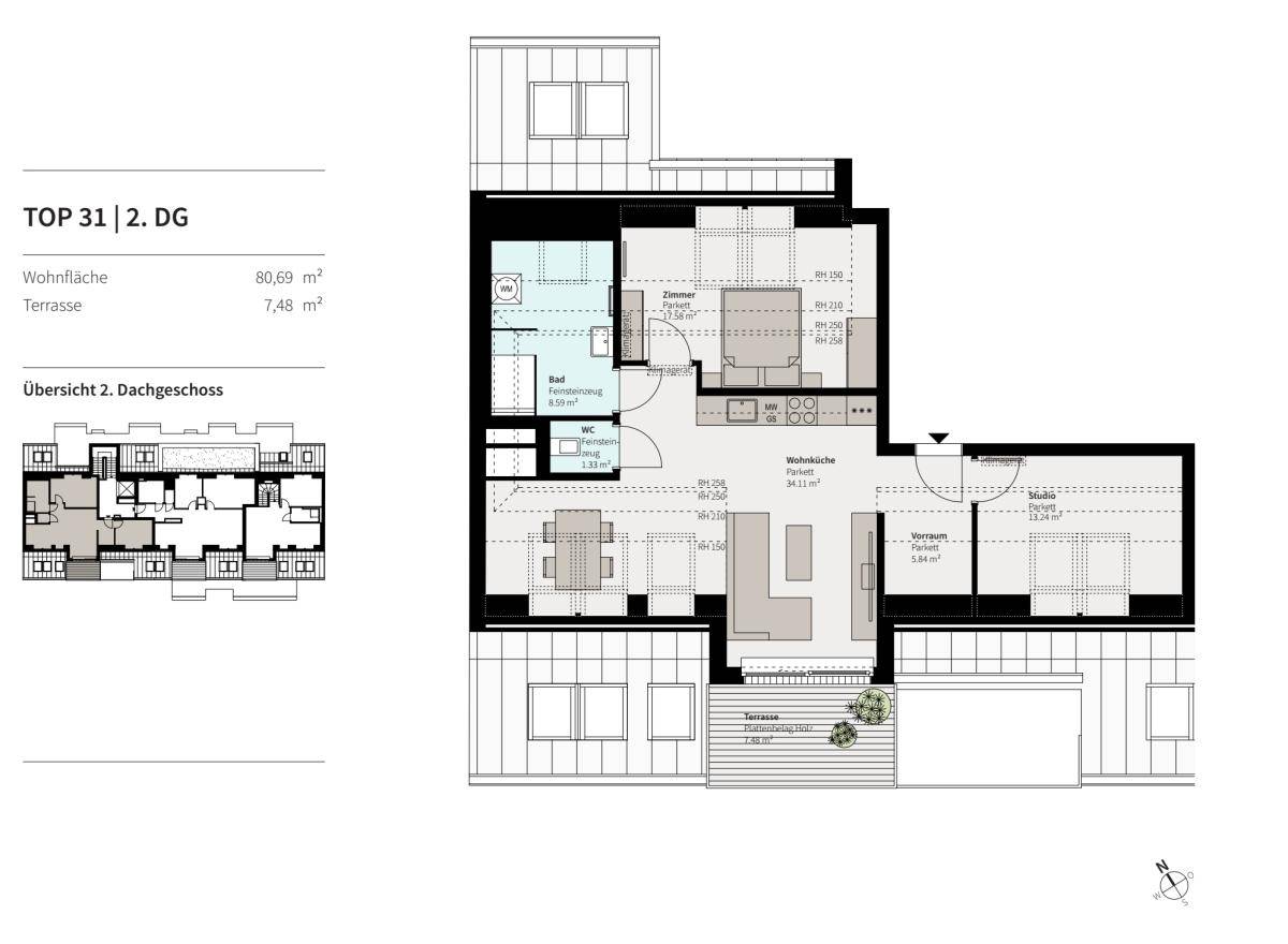 Grundrissplan einer Dachgeschosswohnung mit 80,69 m² Wohnfläche und Terrasse.