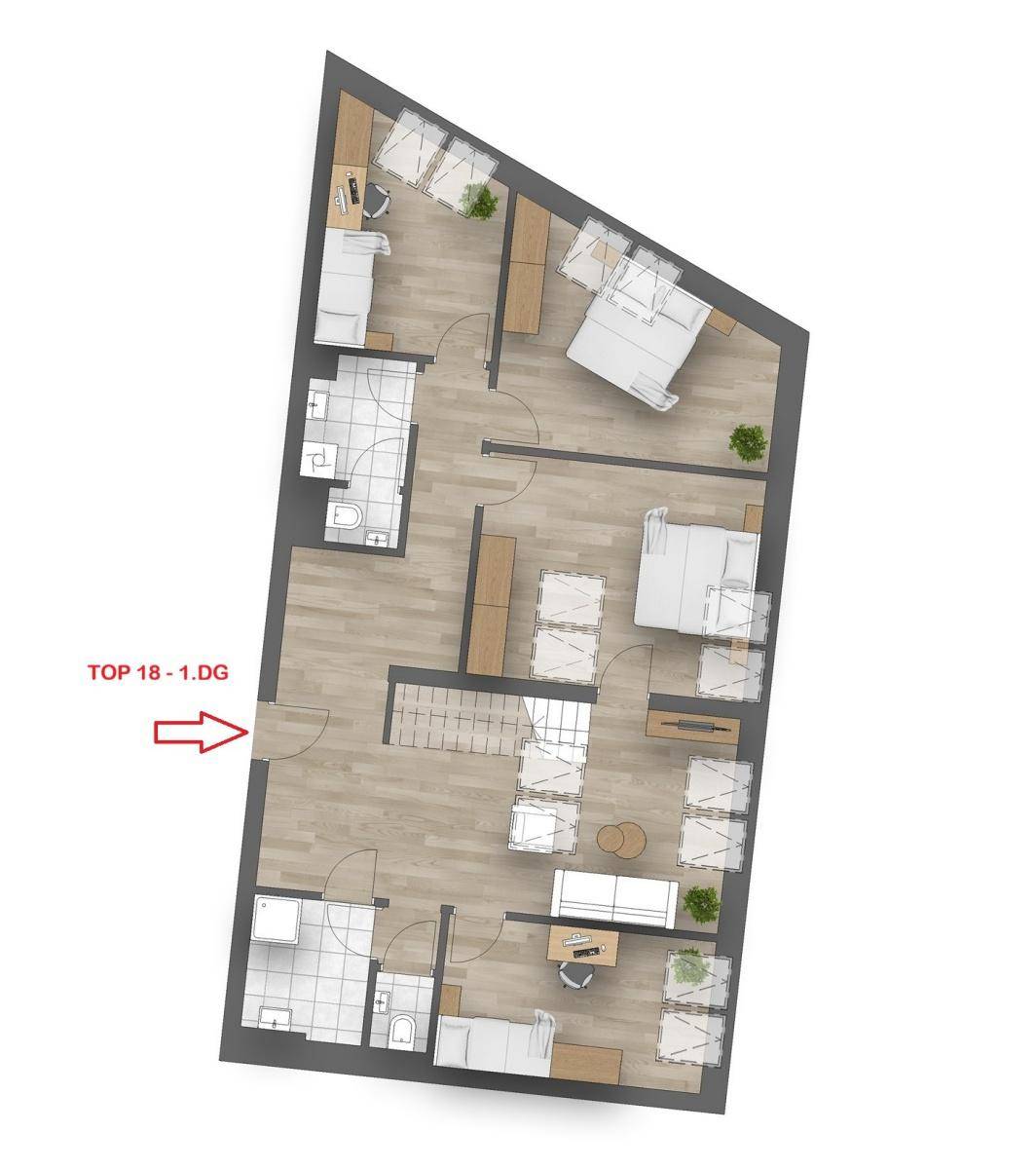 Grundriss der ersten Dachgeschossebene mit mehreren Zimmern, Bädern und Treppenaufgang.