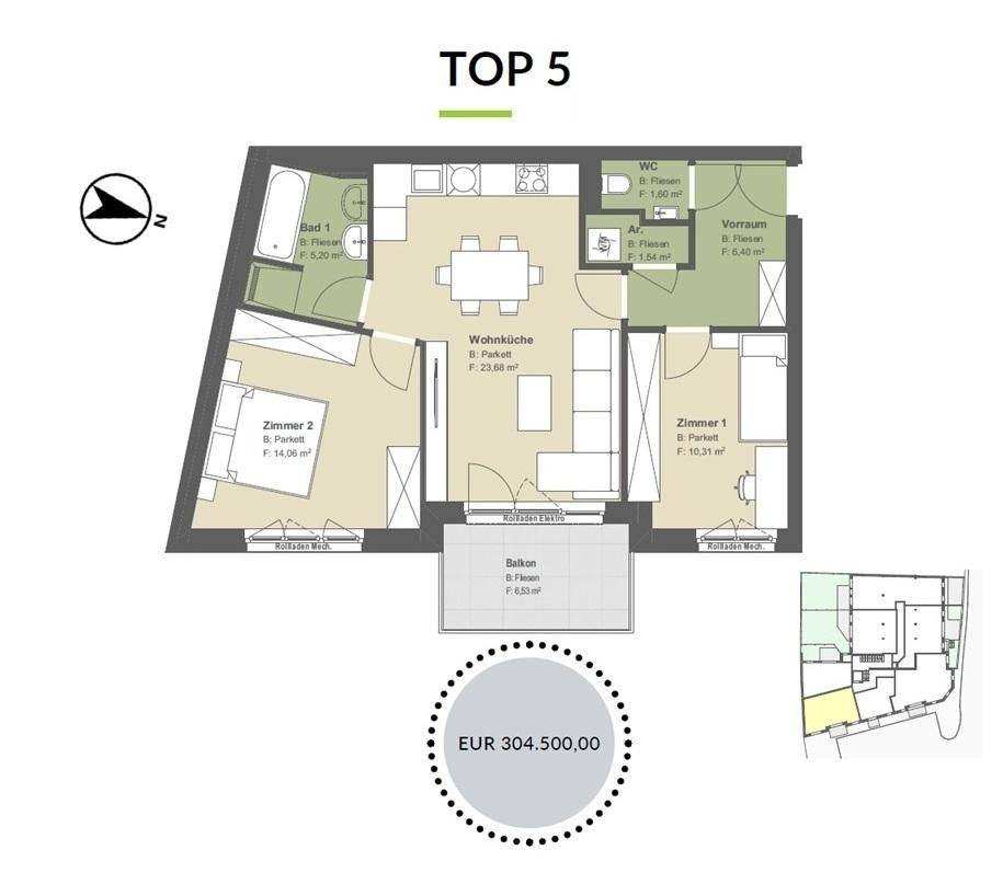 Grundriss der Wohnung Top 5 mit Wohnküche, zwei Zimmern und Balkon.