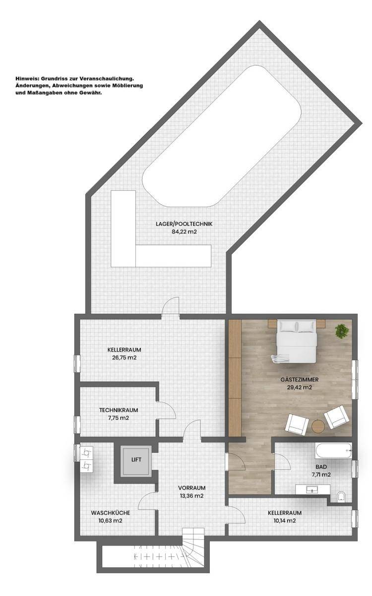 Grundriss des Untergeschosses mit Gästezimmer, Bad, Waschküche, Kellerräumen und einem Bereich für Pooltechnik.