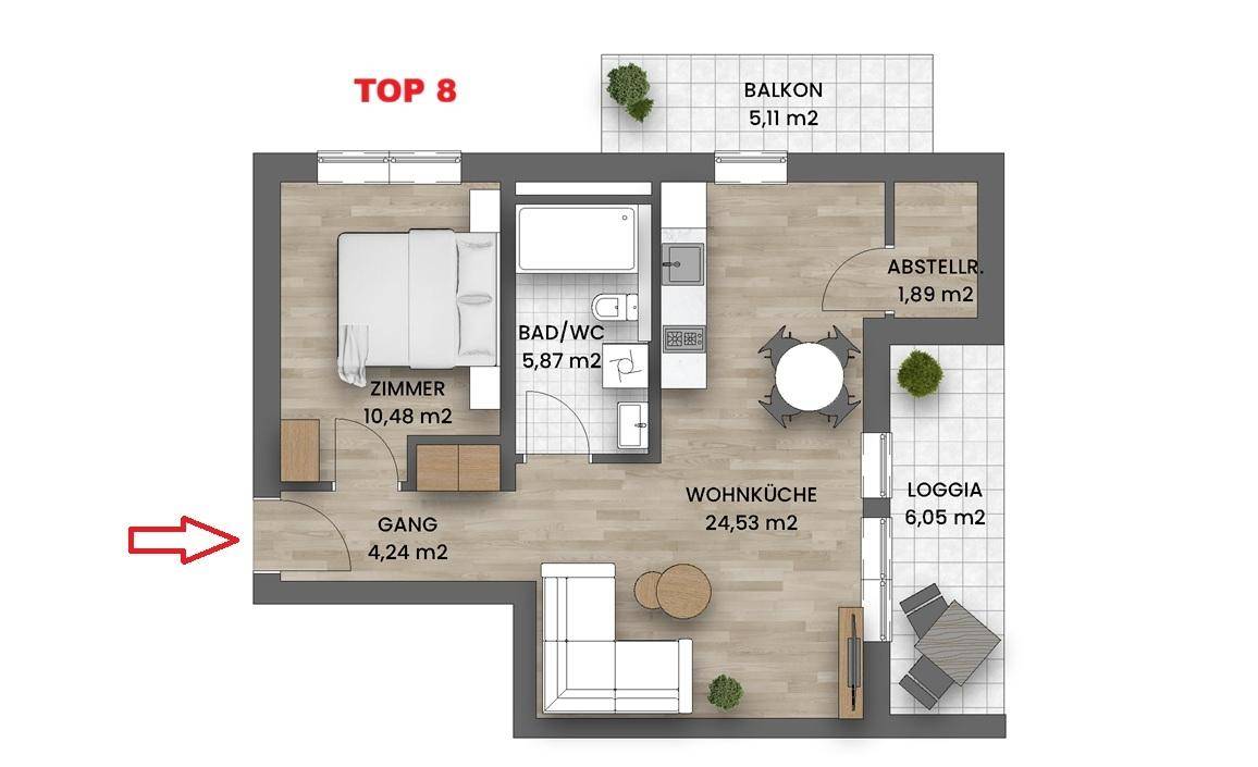 Grundriss der Wohnung Top 8 mit Schlafzimmer, Wohnküche, Bad/WC und Balkon/Loggia.