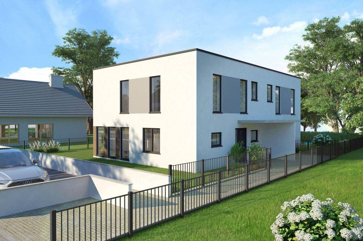 Vorderansicht der modernen Doppelhaushälfte mit Einfahrt und Zugang zum Haus.