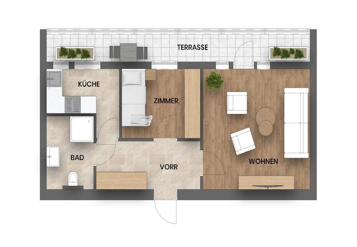 Grundriss einer Wohnung mit Terrasse, Küche, Bad, Zimmer und Wohnbereich.