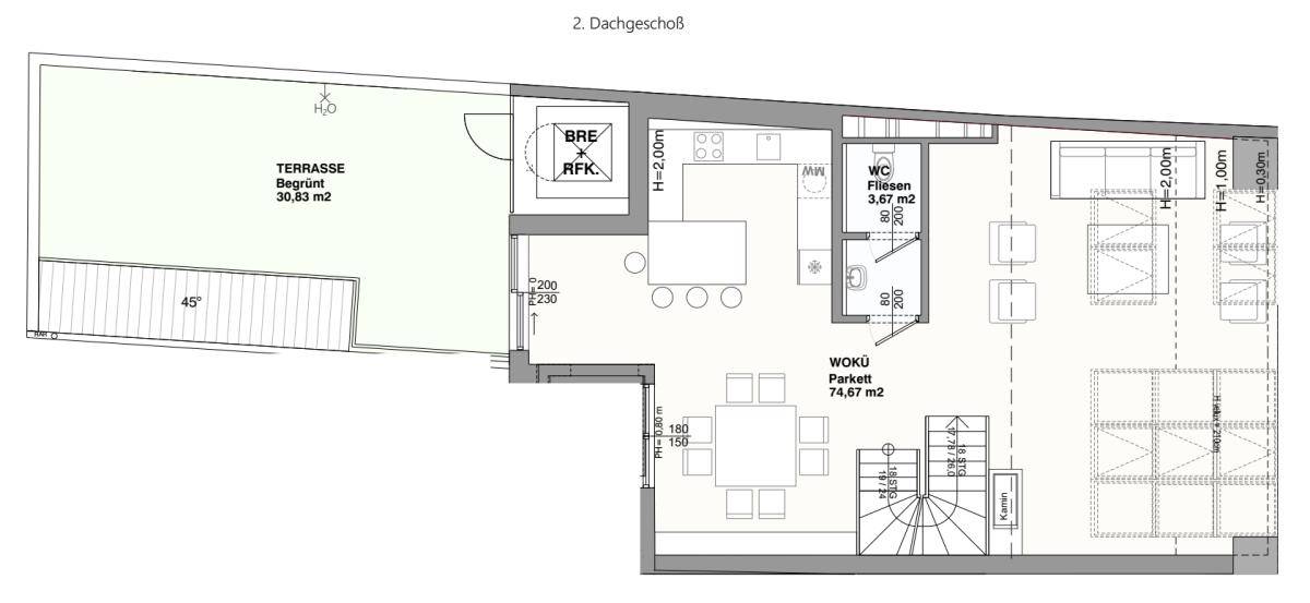 Grundriss des zweiten Dachgeschosses mit großer Terrasse, offenem Wohn-Kochbereich und separatem WC.