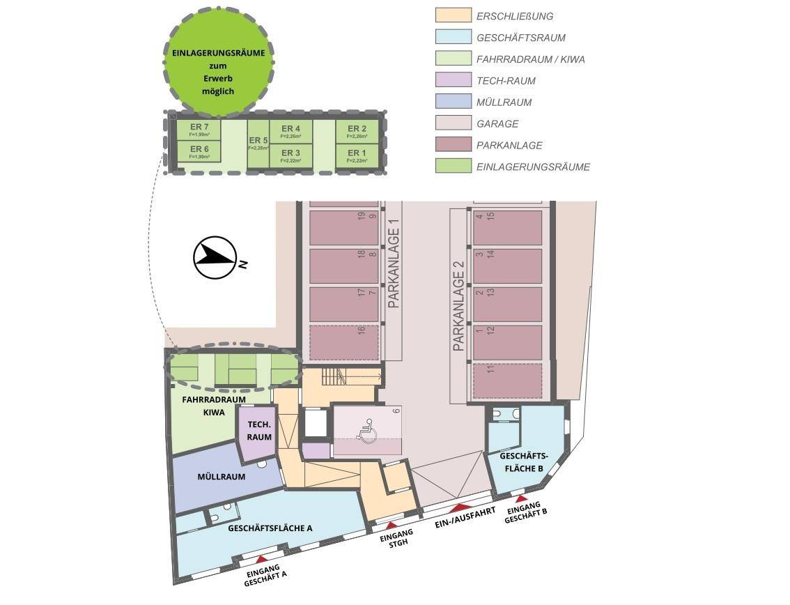 Grundriss des Erdgeschosses mit Parkplätzen, Lagerräumen, Fahrradraum und Geschäftsflächen.